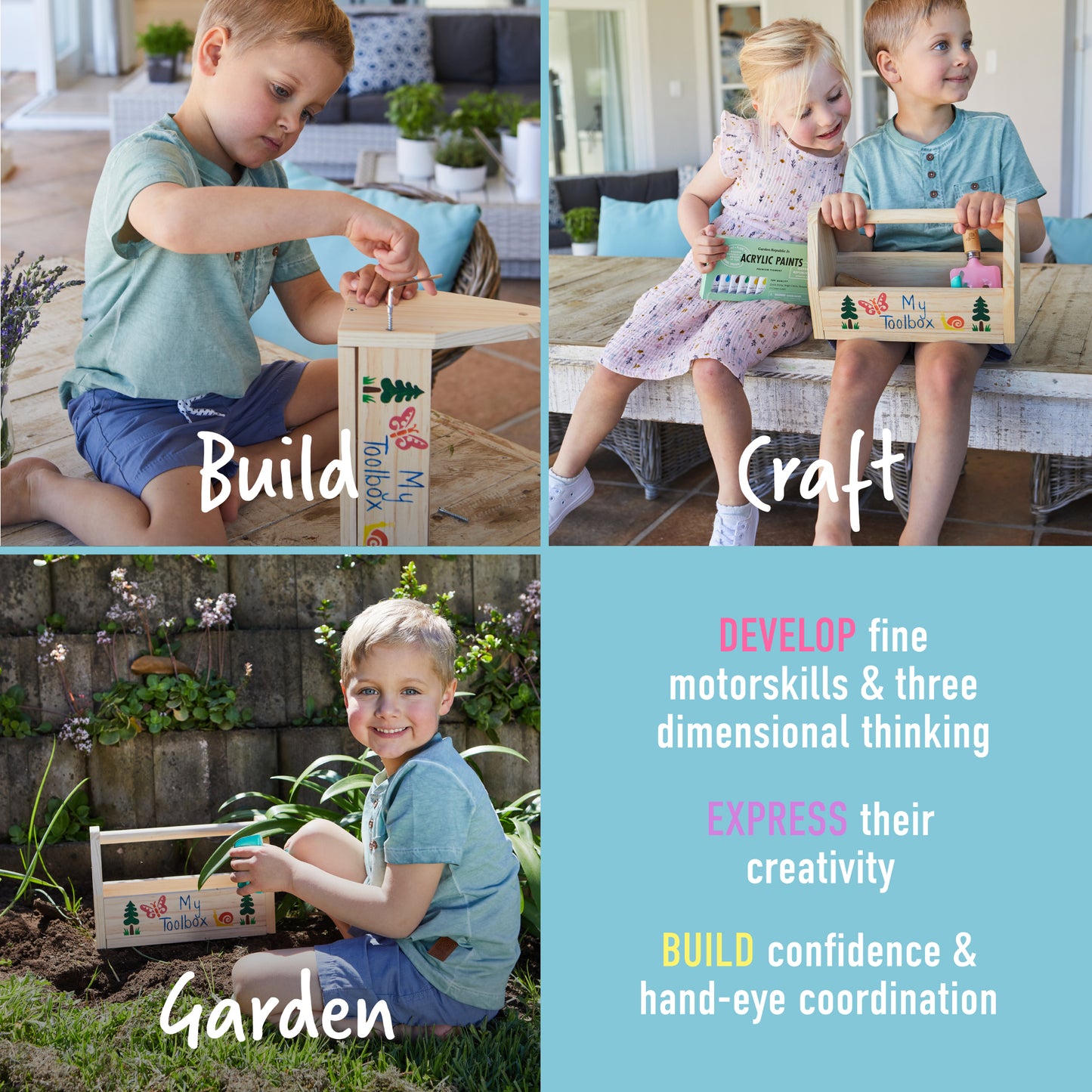 Kids Gardening Tool Set - DIY Kids Gardening Toolbox with 3 Garden Tools: Childrens Rake, Shovel & Fork. Arts & Crafts Set