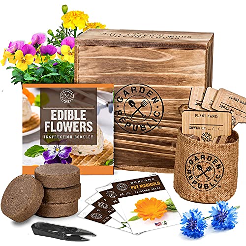 Edible Flowers Indoor Garden Seed Starter Kit - Non-GMO Heirloom Seeds for Planting, Soil, Burlap Pots, Plant Markers, Trimmers, Wood Gift Box, DIY Growing Kits, Home Gardening Gifts for Plant Lovers
