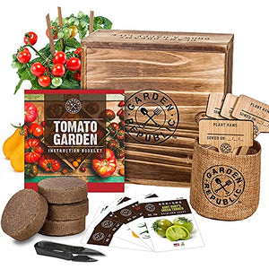 Indoor Vegetable Garden Starter Kit with Tomato Seeds for Planting - Tomato Garden Grow Kit, Non GMO Heirloom Seeds, Wood Gift Box, Soil, Pots, Plant Markers, DIY Home Gardening Gifts for Plant Lovers