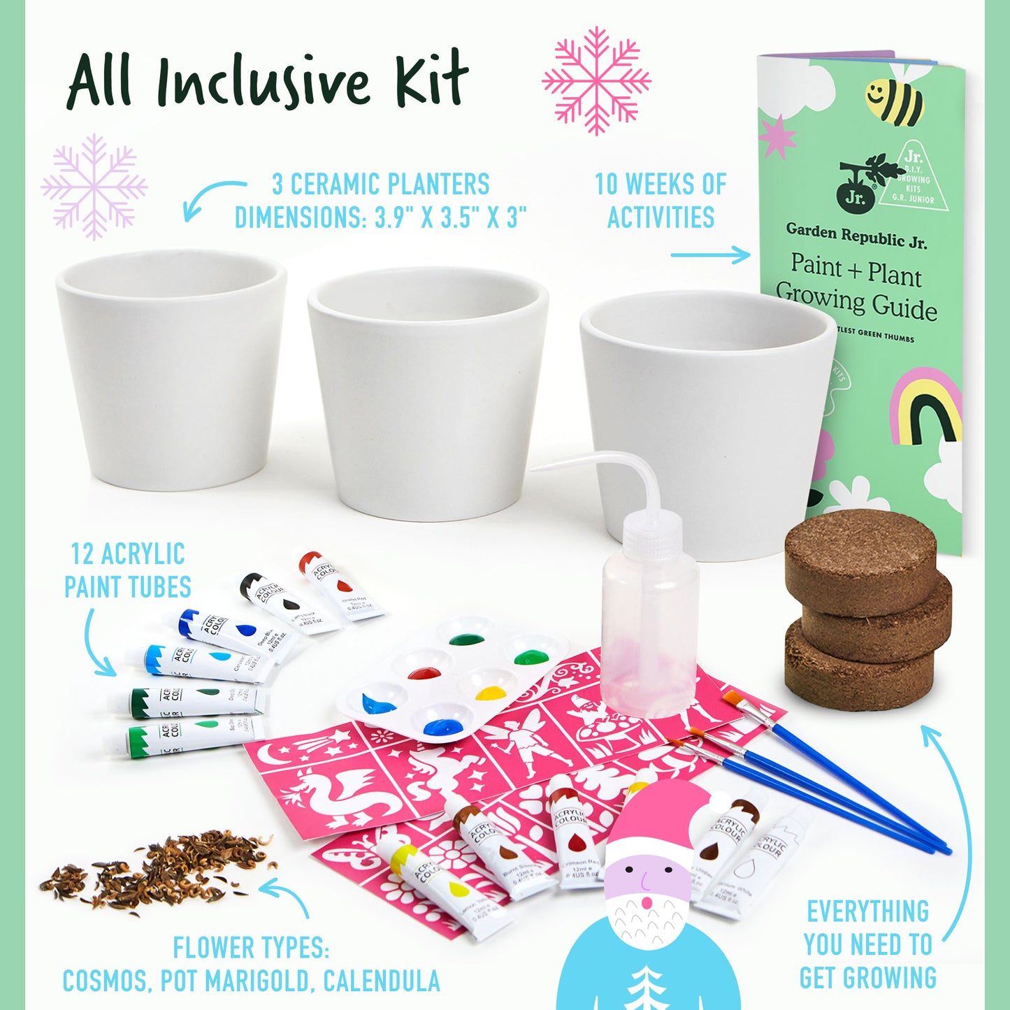 Gardening Kit for Kids - Paint & Plant Flower Growing Kit with Ceramic Planters, Paints, Stencils, Seeds & Soil, Arts & Crafts Set