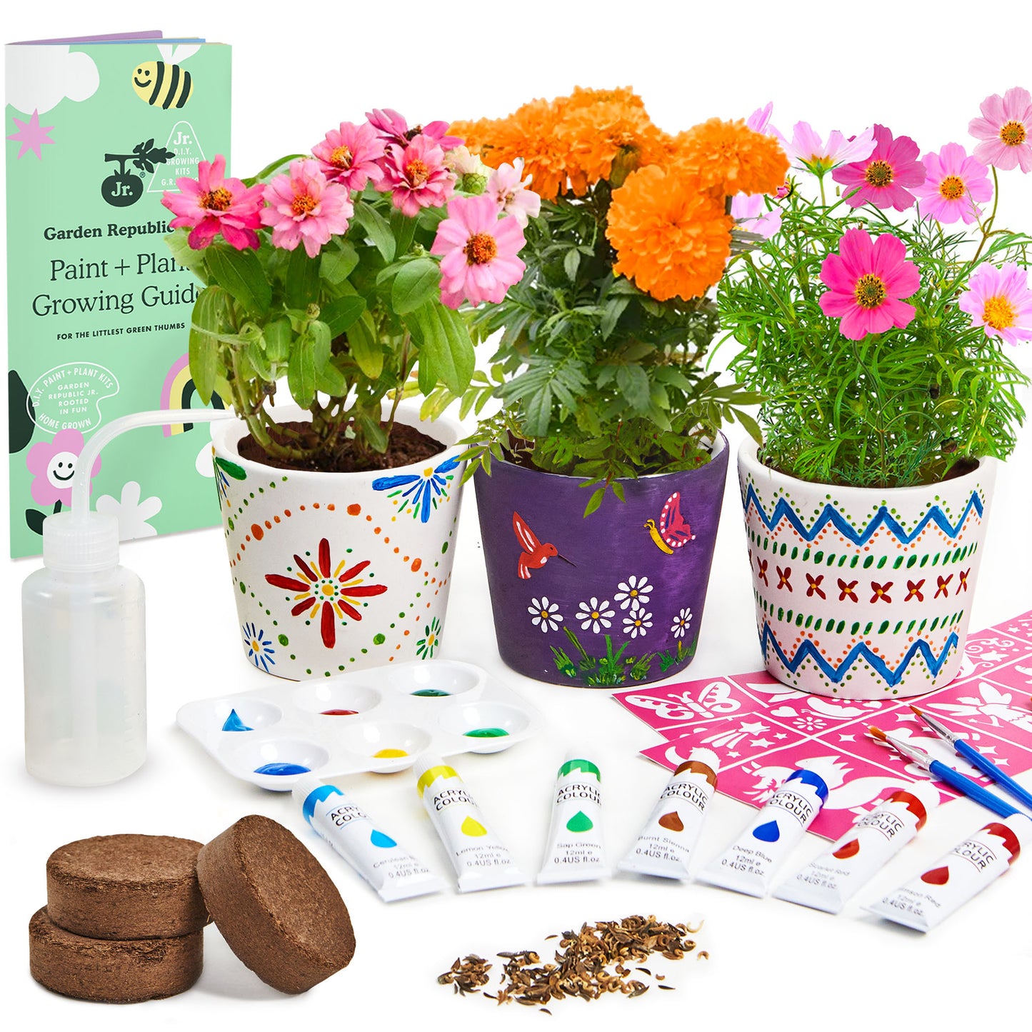 Gardening Kit for Kids - Paint & Plant Flower Growing Kit with Ceramic Planters, Paints, Stencils, Seeds & Soil, Arts & Crafts Set