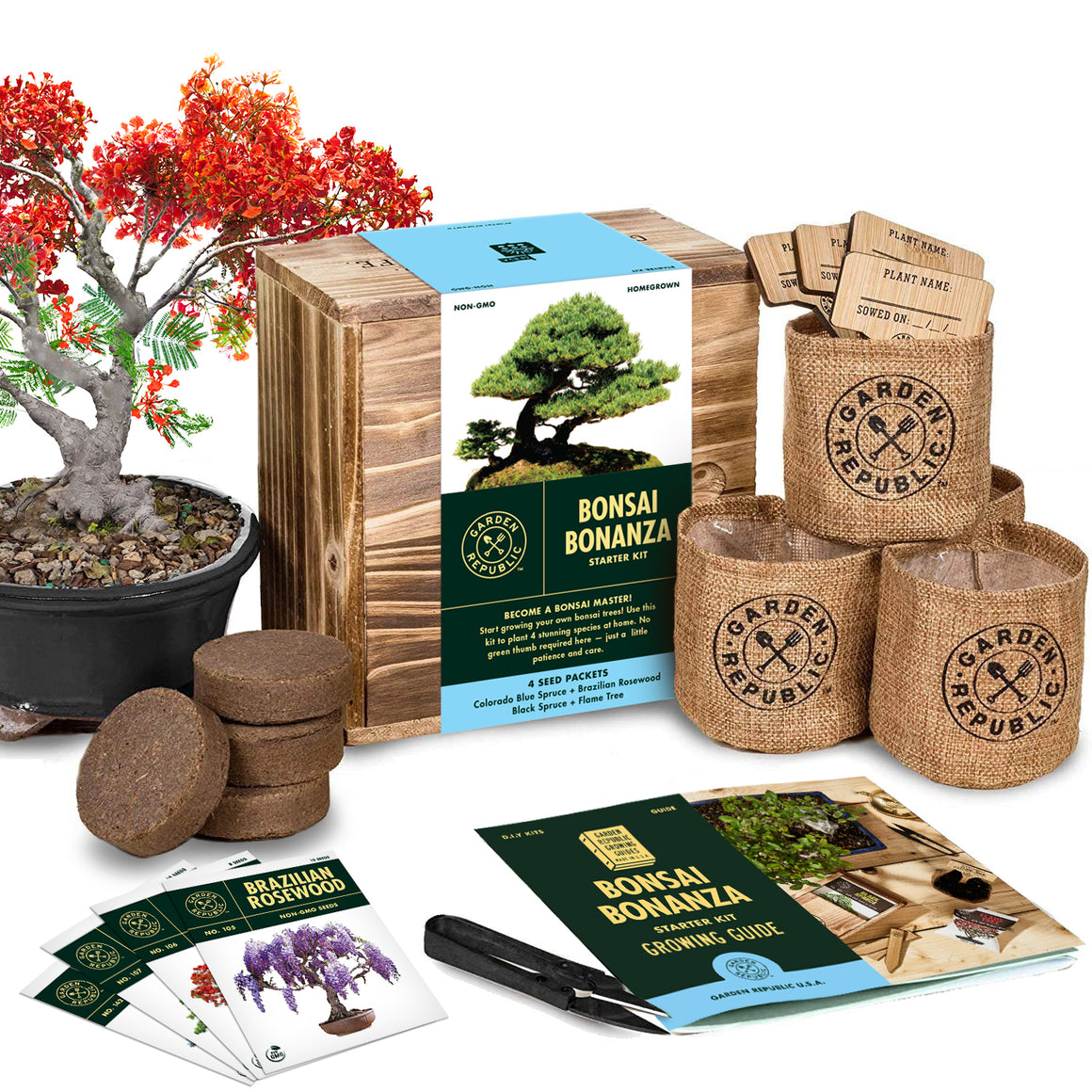 Garden Republic Bonsai Seed Starter Kit - Grow 4 Mini Bonsai Trees, Indoor Plant Growing Kit - Bonsai Starter Kit with Bonsai Seeds, Soil, Planters & Shears