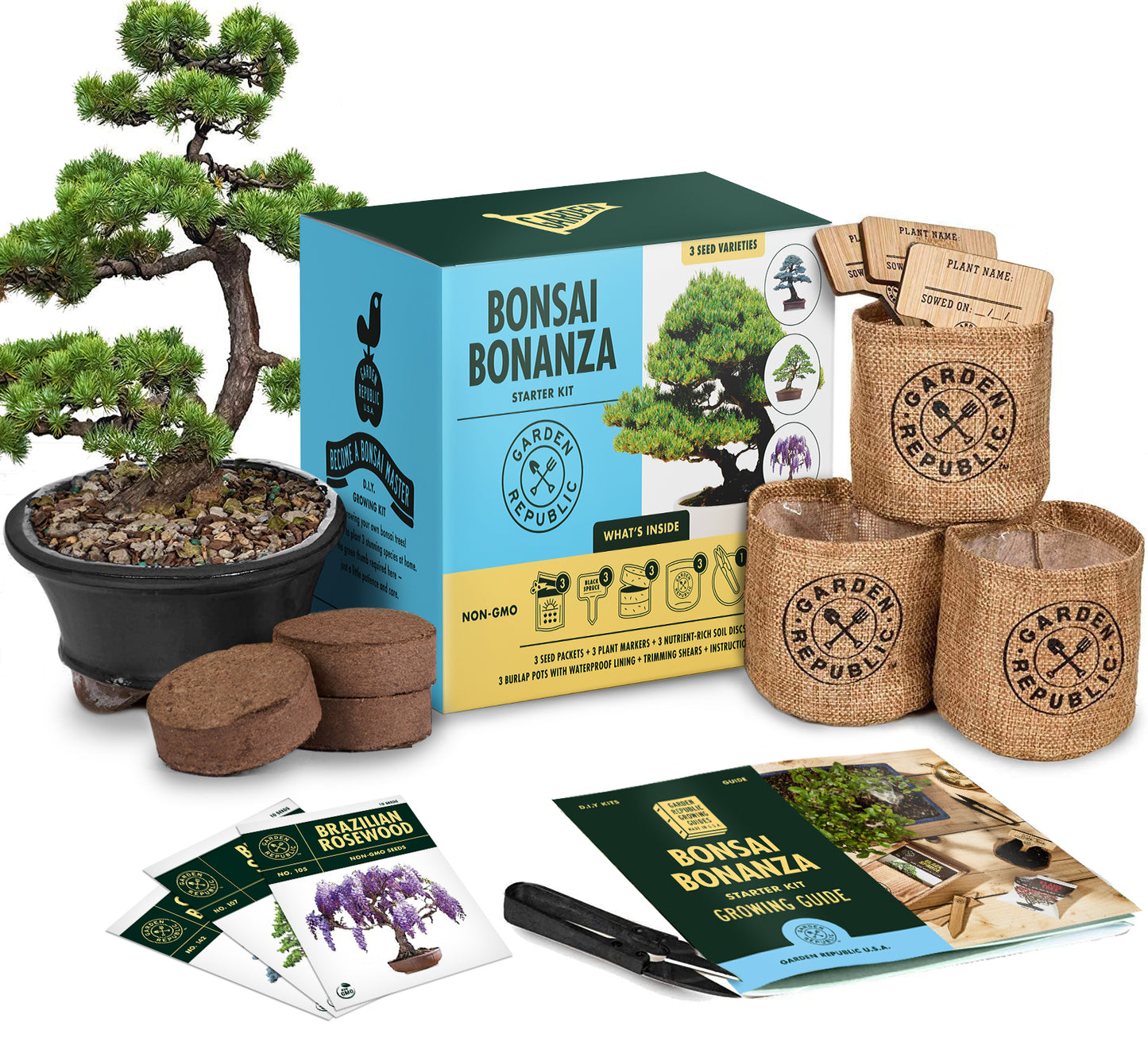 Plant Theatre Bonsai Tree Kit - Indoor Plant Growing Kit w/ 3 Mini Bonsai  Seed Packs, 6 Pots, 6 Peat Discs and 6 Propagator Bags - Gardening Gifts  for