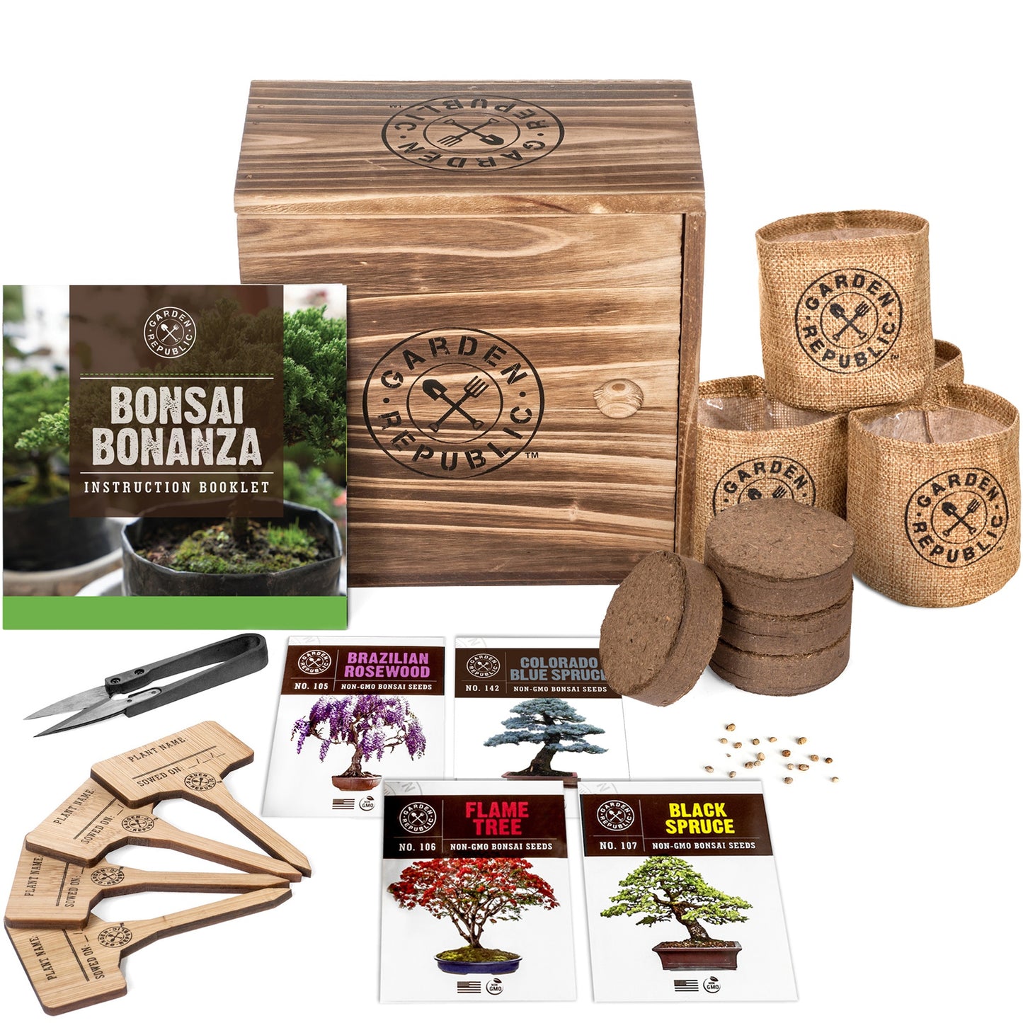 Garden Republic Bonsai Seed Starter Kit - Grow 4 Mini Bonsai Trees, Indoor Plant Growing Kit - Bonsai Starter Kit with Bonsai Seeds, Soil, Planters & Shears