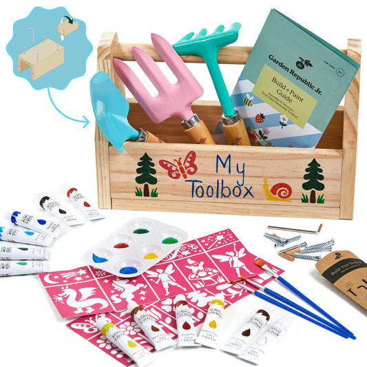 Kids Gardening Tool Set - DIY Kids Gardening Toolbox with 3 Garden Tools: Childrens Rake, Shovel & Fork. Arts & Crafts Set