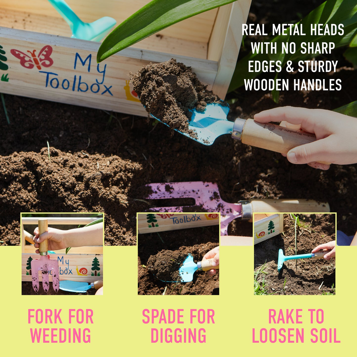 Kids Gardening Tool Set - DIY Kids Gardening Toolbox with 3 Garden Tools: Childrens Rake, Shovel & Fork. Arts & Crafts Set